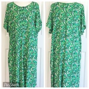 Ellos Green Ditsy Floral Print Button Down Short Sleeve Midi Dress 16